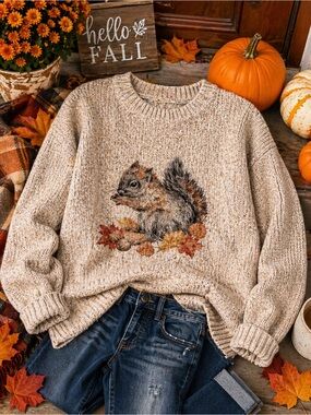 Fall Squirrel Graphic Sweater Cozy Crewneck Autumn Thanksgiving Pullover